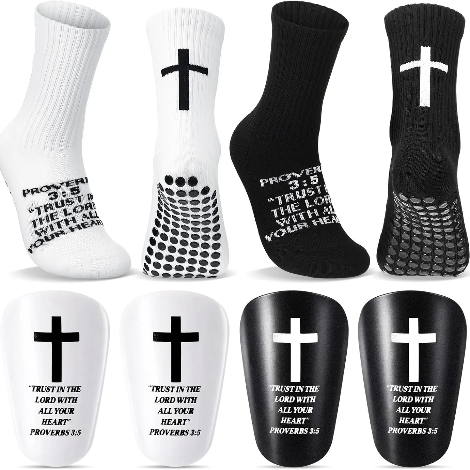 2 Pairs Mini Soccer Shin Guards and Grip Socks Set Youth Christian Cross Bible Verse Design Lightweight PP Shell EVA Padded Shin Pads Black White Anti Slip Soccer Socks for Football Training and Sports