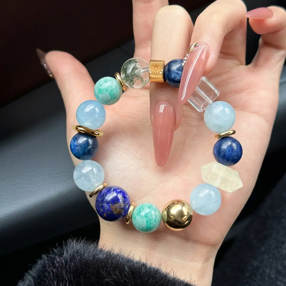 Chunky Statement Natural Crystal Bracelet - 7 Inches High Quality Exquisite Elastic Metal Band with Aquamarine, Lapis Lazuli, Azure Beads, Vintage Luxe Light, Resilience Theme, Unisex Wedding Jewelry for Stress Relief & Gifting to Yourself, for Adults