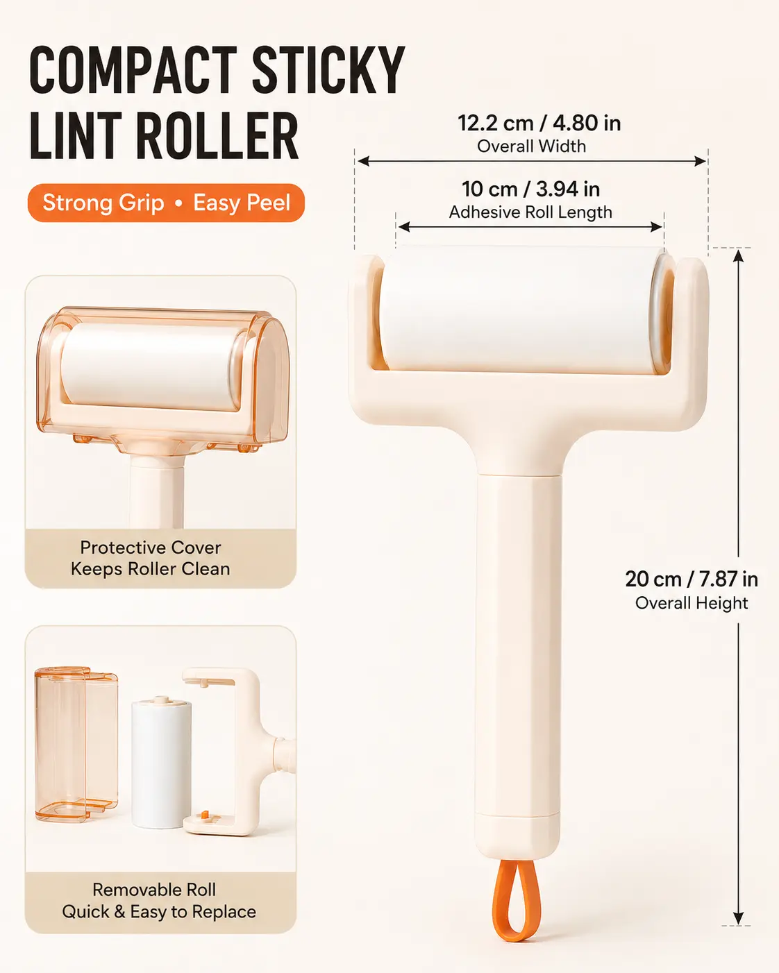 Compact Sticky Lint Roller for Pet Hair & Lint 10 cm Replaceable Roll with Protective Cover Strong Grip Easy Peel