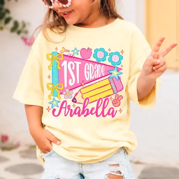 (DM or NOTE) Youth Personalized First Grade Pennant Shirt, Custom Name Back to School Girl Tee, Preppy 1st Grade Shirt, Elementary First Day of School Shirt