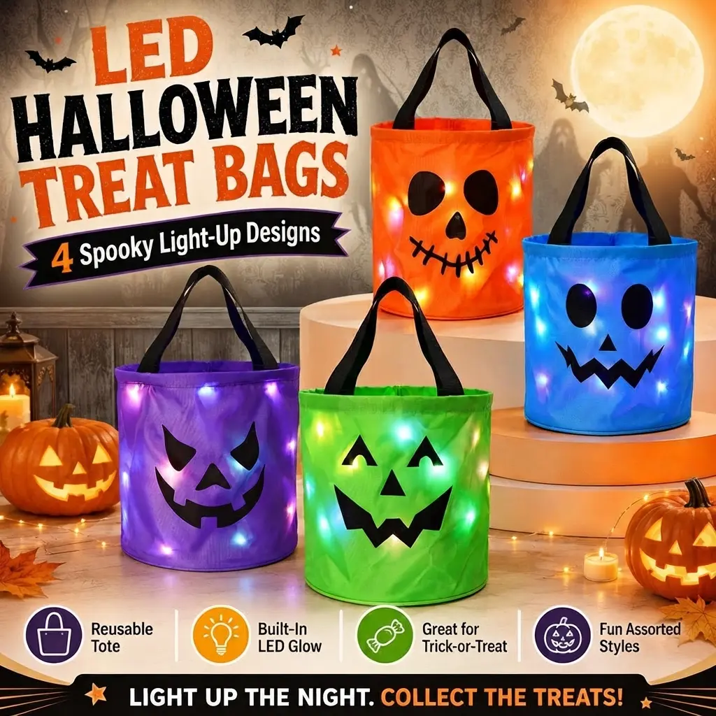 Halloween LED Pumpkin Candy Buckets (4-Pack) - Reusable Light-Up Trick-or-Treat Totes for Kids, Festive Party Goody Bags