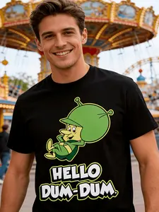 Mens Vintage Hello Dum-Dum Graphic T-Shirt - Loose Fit Black Cotton Tee with Hello Dum-Dum Character, Breathable Crew Neck Shirt for Retro Animation Fans, Halloween Costumes, Casual Casual Attire - Nostalgic Gift for Animation Lovers, Party Outfit