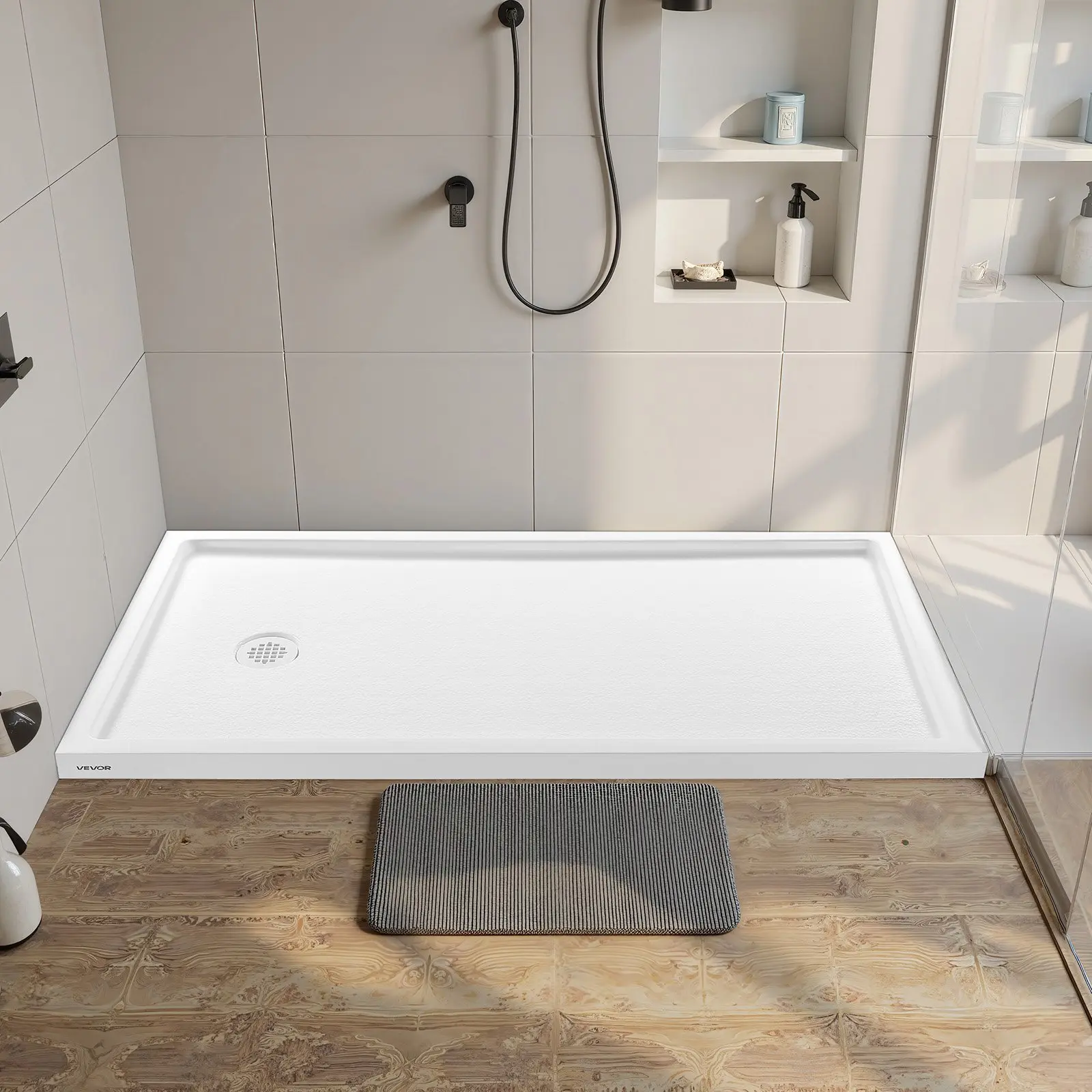 【DealsForYouDays】VEVOR Shower Pan, 60 Lx 30 W Single Threshold Shower Base, Rectangle Acrylic PVC Showering Base in White, Slip-Resistant Showering Pan Bases with Drain Cover for Bathroom, Left Drain Location