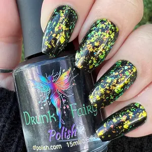 Gilded Forest Nail Polish by Drunk Fairy Polish | Irregular Sized Aurora Flakes that Shift from Gold to Silver to Blue to Green to Red to Orange