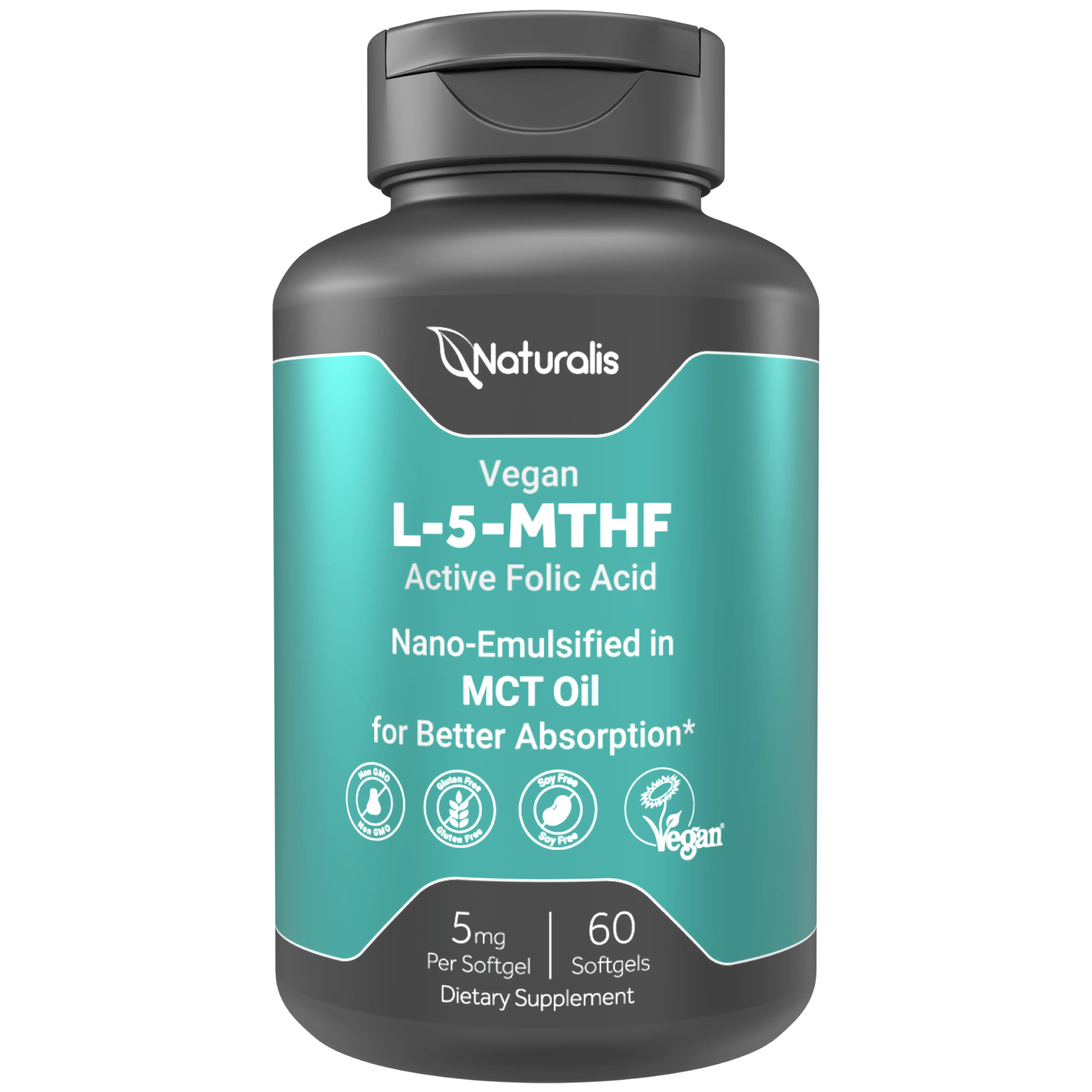 Naturalis Vegan L-5-MTHF Folate 5mg | Active Methylfolate, Bypasses MTHFR, Easy-Swallow Softgel