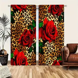 2 Piece Leopard Rose Print Curtains, Semi-Transparent Polyester Fabric, Rod Pocket Design, Suitable for Bedroom Living Room Dining Kitchen, Window Curtain