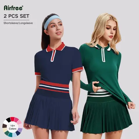 Women's 2-Piece Active Outfits - 89% Nylon 11% Spandex Color Block Athleisure Sportswear Set, Short/Long Sleeve Polo, High-Rise Zipper Fly Tennis Skirt, Sporty Chic for Golf & Tennis, Blue Long Sleeve Option, Female Clothes