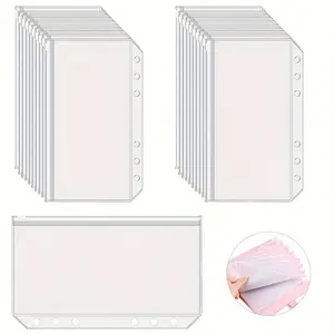 10pcs A6 Binder Pockets, 6-Hole Transparent Zipper, Waterproof PVC File Bag, Budgeting Cash Envelope, Suitable for 6-Ring Binder