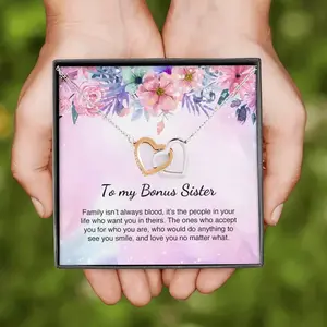 Unbiological Bonus Sister Best Friend Interlocking Hearts Necklace Message Card, 2 Hearts Necklace for Sister in Law, Sister in Law Birthday Gift for Bonus Sister, Unbiological Sister Gifts