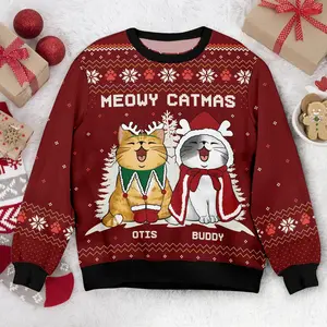 Personalized Cat Meowy Catmas Ugly Christmas Sweater, Custom Cat Ugly Sweater