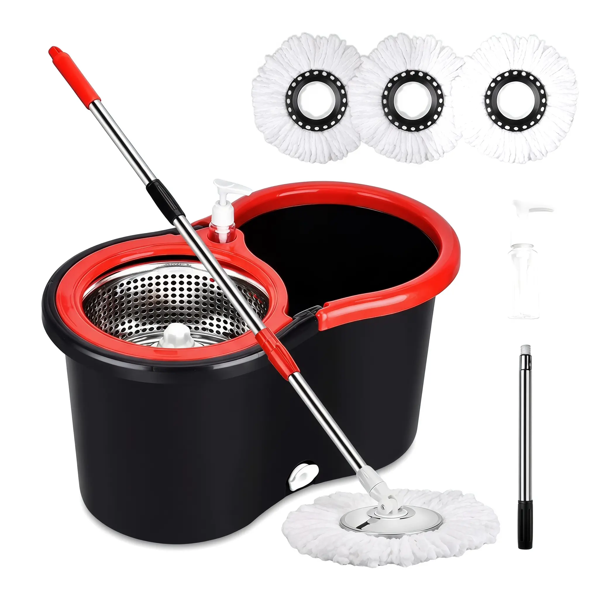 【SummerWins】Rotating Long-Handled 360-Spin Mop Set with Dual-Chamber Bucket Wringer System, Microfiber Refills, Stainless Steel Adjustable Extendable Handle for Household Vinyl Floor Cleaning, Rotating Long-Handled Mops