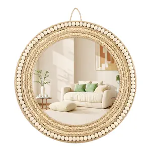 1Pc Bohemian Handmade Jute Wall Mirror, Natural Wood Bead Trim Round Mirror, Warm Boho Style Decor for Home & Office