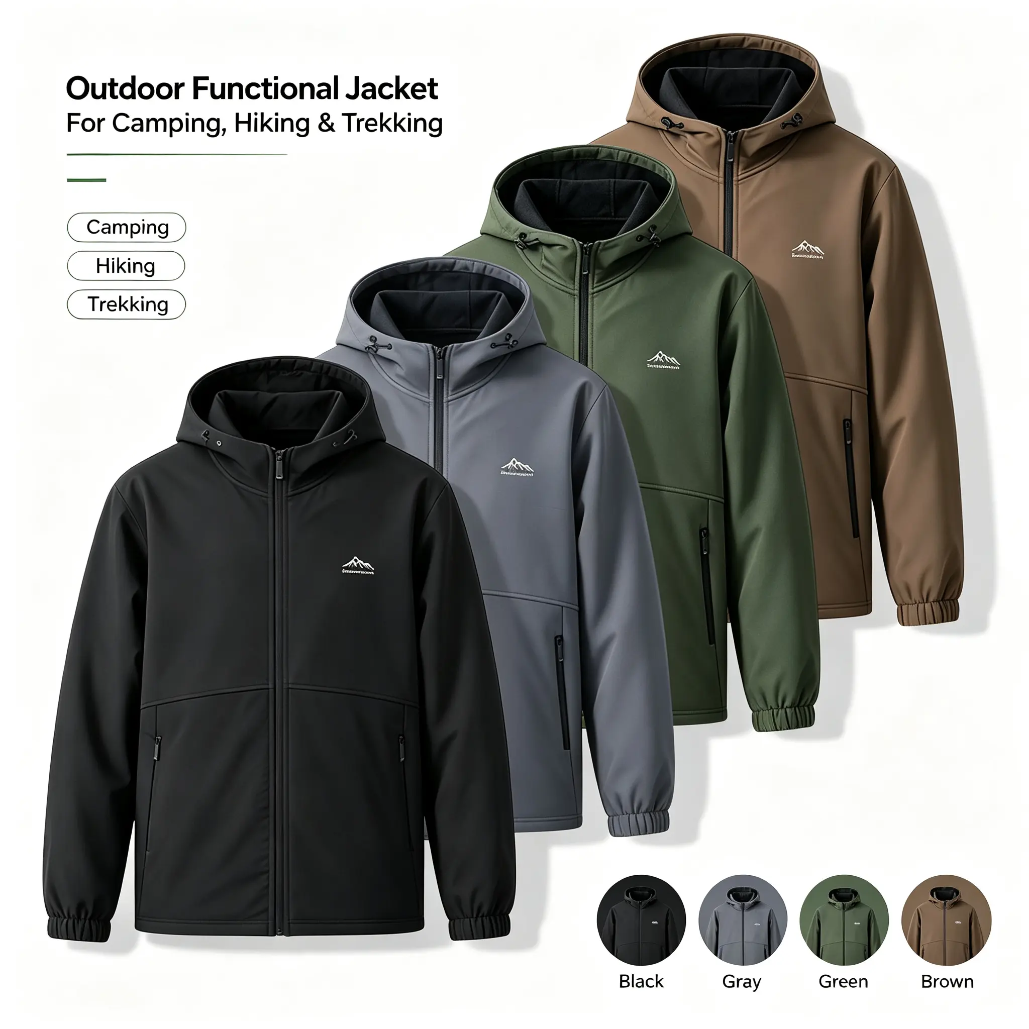Men’s hooded softshell outdoor jacket with mountain lettering embroidery, windproof design, zippered pockets; casual outdoor jacket suitable for cycling, hiking, and mountaineering.