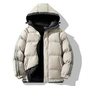 Men's Beige Hooded Puffer Jacket with Striped Details, Warm Winter Casual Contrast Style Outerwear