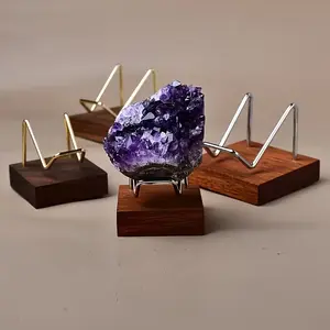 Mineral Display Stand, Metal Wooden Base Crystal Jewelry Rack, Stone Holder, Fossil Specimen Showcase, Rocks, Quartz, Agate, Christmas Gift, Display Shelf