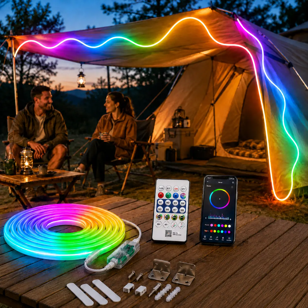 Waterproof Outdoor Neon Rope Lights, 5M RGBIC IP68 Light Strip with Bluetooth App, Remote Control and Music Sync, USB Powered Flexible Lighting for Patio, Balcony, Backyard and Outdoor Party Decor