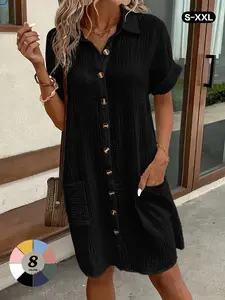 Simple Style Basic Minimalist Women's Dress, Lapel Front Button Loose Fit Comfortable Breathable Design, Solid Color Casual Dress for Daily Wear