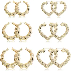 FLORIDECO 6 Pairs Bamboo Earrings Set Hollow Casting Hip-Hop Large Bamboo Earring for Women Oversize Different Shape Golden Hoop Earrings Set Fashion Rapper Accessories Jewelry Daily
