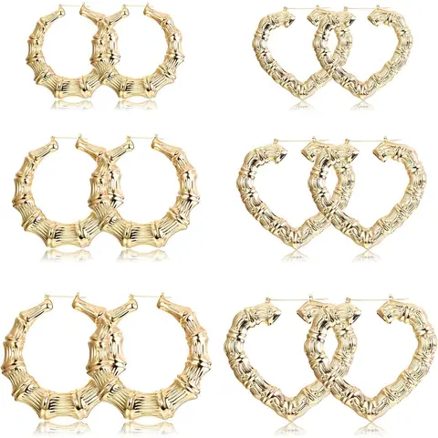FLORIDECO Women's 6-Pair Oversize Statement Bamboo Earrings Set - Hollow Casting, Golden Hoops in Different Shapes, Ear Hook Design, Metal-Coated, Artificial Gemstone Jewelry for Women, Party Fashion Lovers, Female, Any Outfit or Occasion
