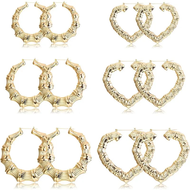 FLORIDECO Women's 6-Pair Oversize Statement Bamboo Earrings Set - Hollow Casting, Golden Hoops in Different Shapes, Ear Hook Design, Metal-Coated, Artificial Gemstone Jewelry for Women, Party Fashion Lovers, Female, Any Outfit or Occasion