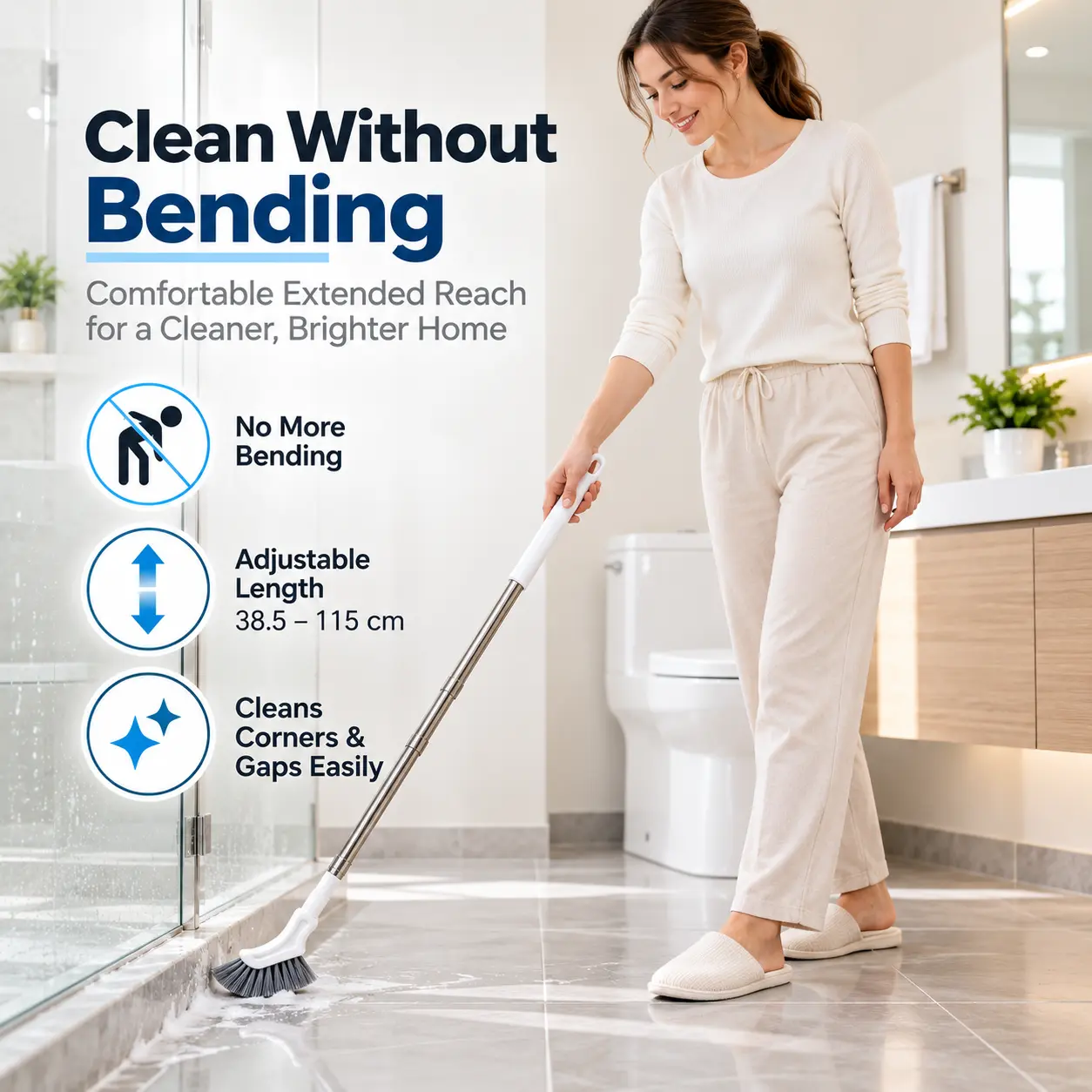 Adjustable Steel Household Bathroom & Kitchen Cleaning Brush, Extendable Long Handle L-Shaped Head Grout-Gap Scrubber for Hard-to-Reach Corners