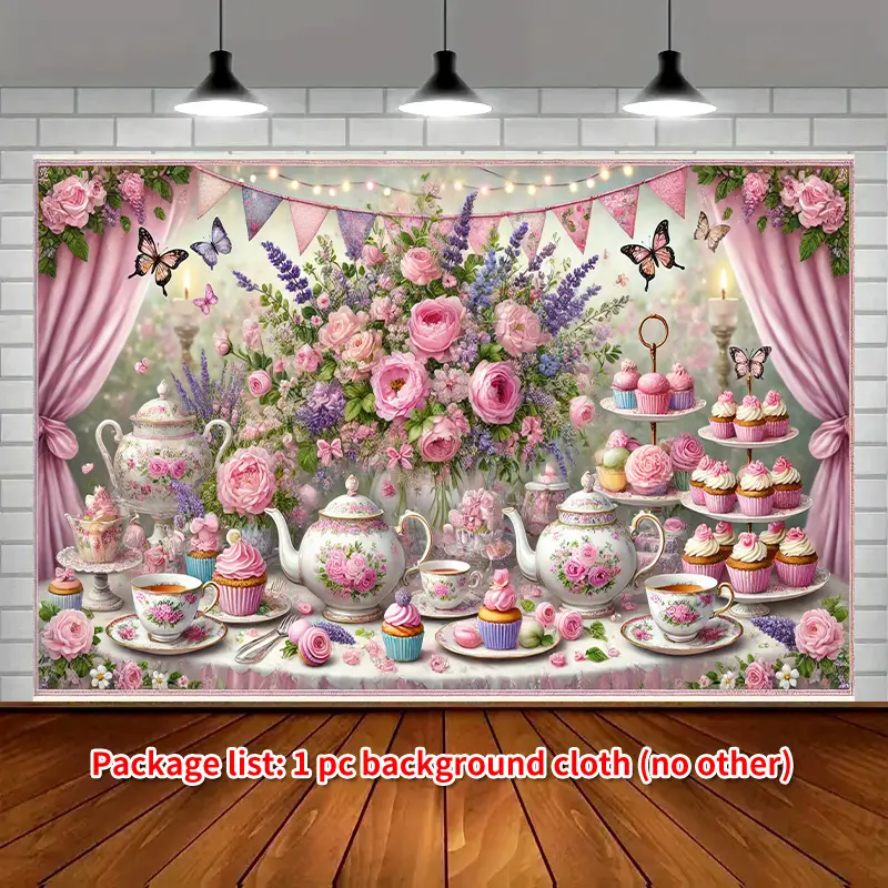 Floral Tea Party Backdrop Banner, 8x6 Feet and Design with Butterflies and Teapots, Durable Polyester, Ideal for Weddings and Celebrations
