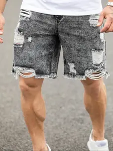 Men's Solid Color Ripped Denim Shorts, Loose Casual Fashion Comfy Jeans Shorts for Daily Outdoor Wear, Mens Bottoms for Summer