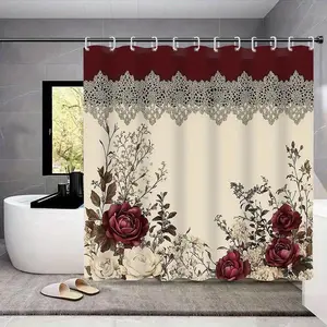 1pc  Flat Luxury Shower Curtain with Hooks  Burgundy Beige Golden Marble Like Rose Pattern Elegant Beige Brown Maroon Bath Accessories Easy Install