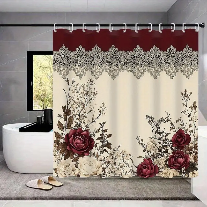 1pc Premium Polyester Thick Burgundy Rose Marble-Like Geometric Printed Flat Shower Curtain, Bathroom Curtains with Stainless Steel C-Shaped Hooks, Easy-Installation Bath Divider, Home Bathroom Decor Accessory