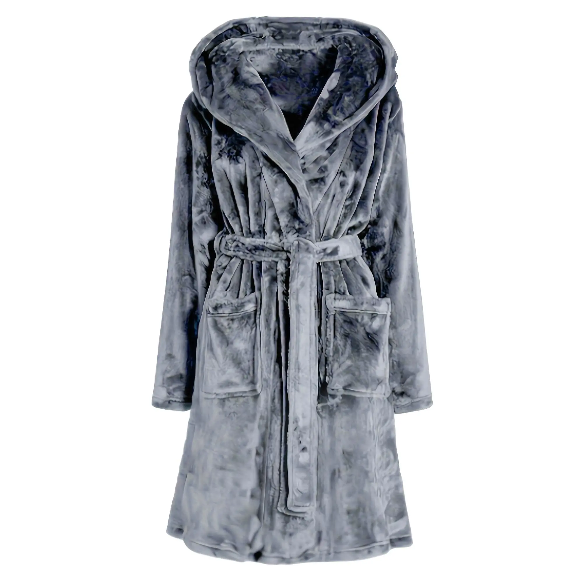Men's Casual Hooded Robe Set - Menswear Loungewear, 100% Polyester Knit Fabric, Longsleeves Solid Color Bathrobe with Slight Stretch, Regular Fit, Belt, Large Pockets for Multi-Season Use