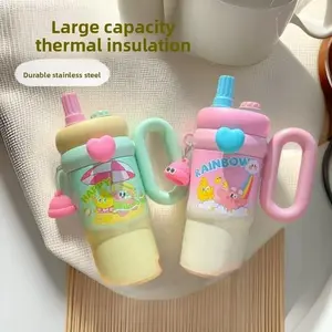 Cute Cartoon Insulated Tumbler, 2-In-1 Sip & Straw Design, Large Capacity, Stainless Steel, with Handle & Tea Infuser, Cute Water Bottle
