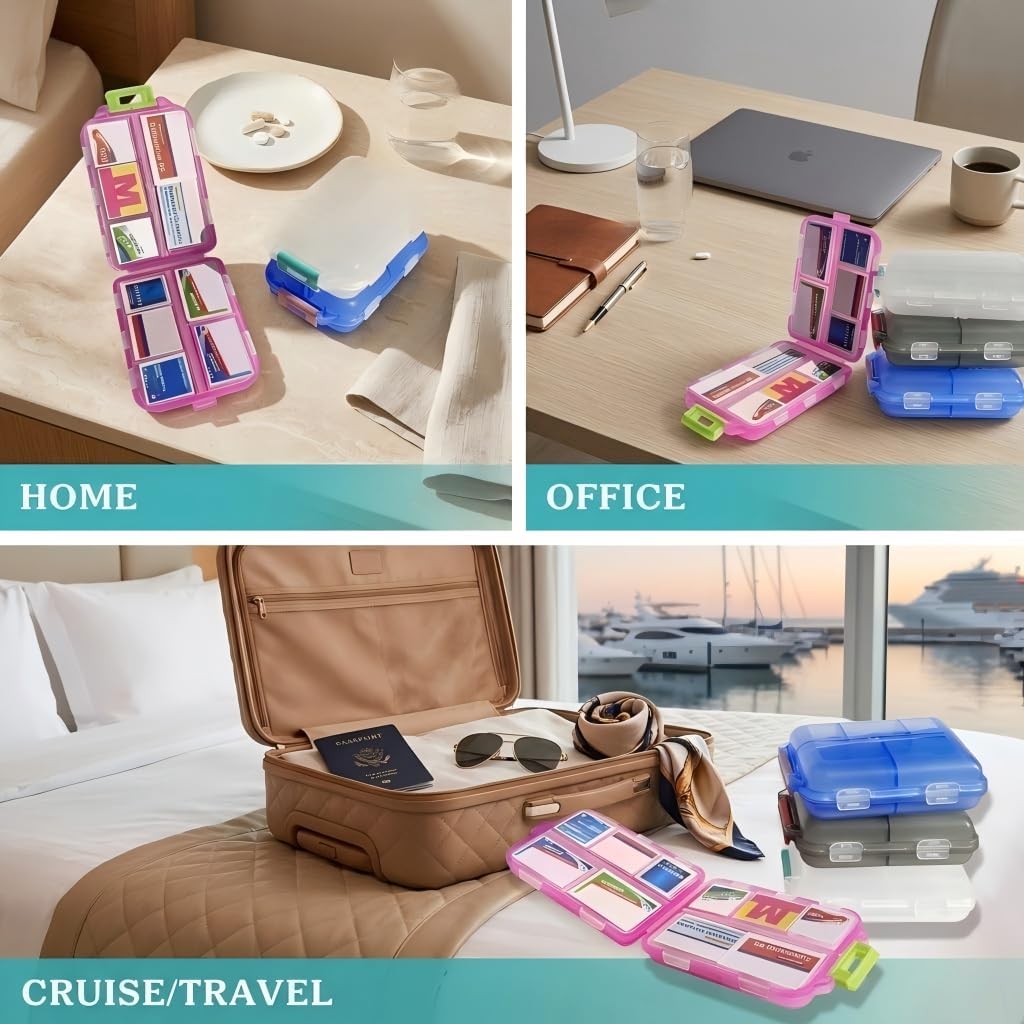 Pill Organizer with Medicine Labels Travel Daily Pill Container Mini Medication Organizer Storage Pill Organizer Travel Essentials Pill Case 7 Day (Pink & 161 Lables)