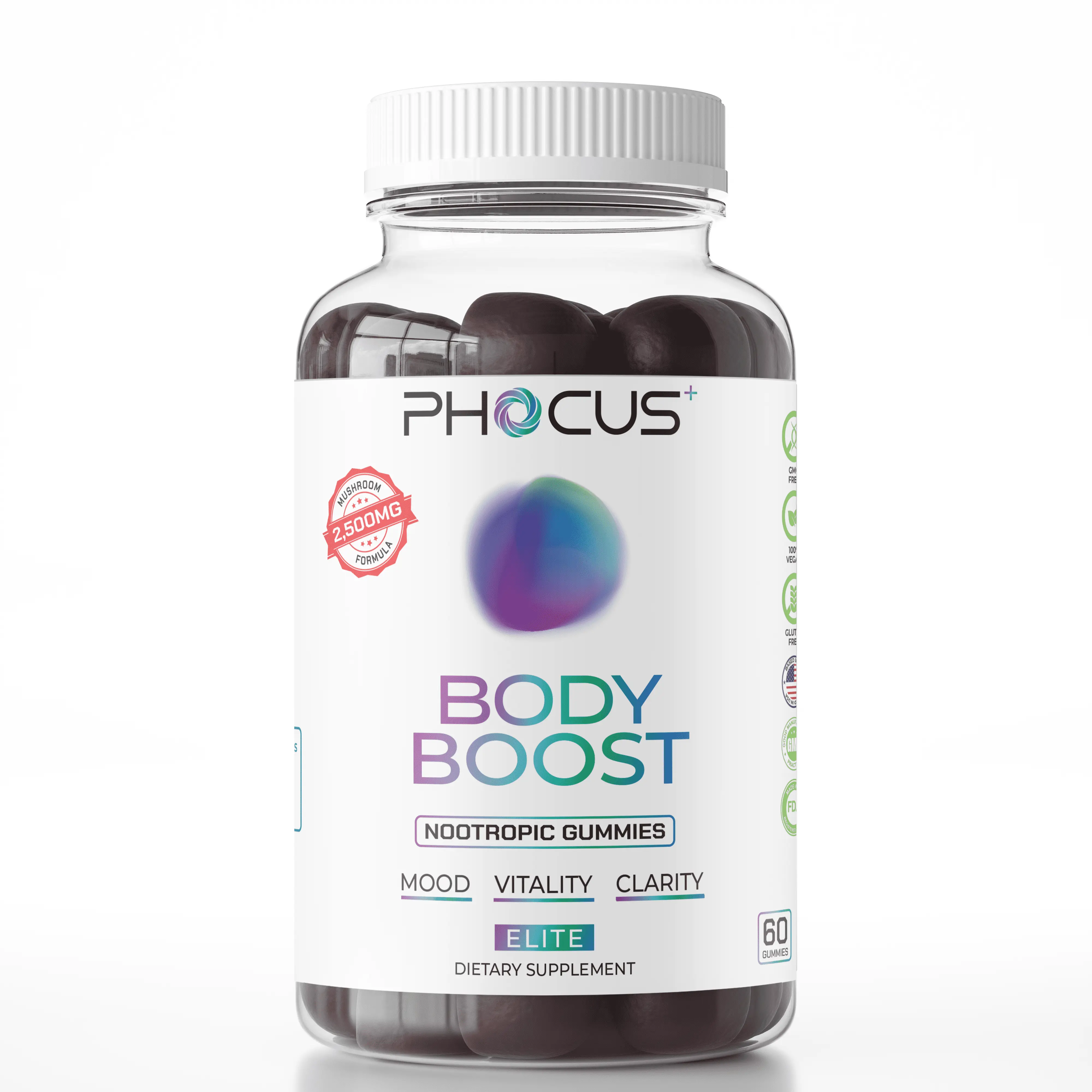 PHOCUS+ Body Boost Nootropic Supplement, 60 Gummies, Caffeine-Free, 10 IN 1 Mushroom Blend - Lions Mane, Chaga, Royal Sun, Reishi, Shiitake, White Button, Black Fungus, Cordyceps, Maitake, Turkey Tail Healthcare Dietary Edible Fitness Natural
