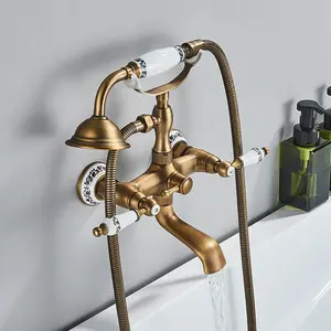 Retro Style Brass Bathtub Shower Faucet Set Dual Knobs Wall Mounted Bathtub Mixer with Handshower and Swivel Tub Spout Tap