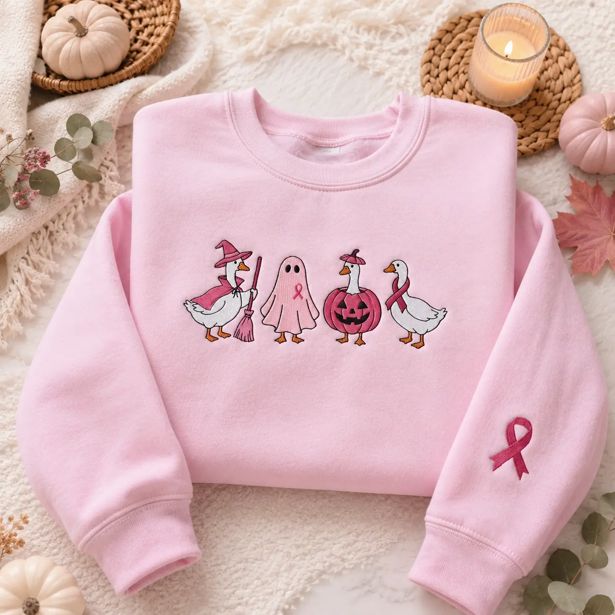 In October We Wear Pink Embroidered Sweatshirt, Breast Cancer Awareness Crewneck, Custom Name Sleeve Embroidery Sweater