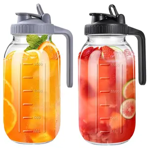 2-Pack Mason Jar Glass Water Bottles with Lid, 64oz Sun Tea Pitcher, Half Gallon Mason Jar, Wide Mouth Sealed Lid, Leak-Proof, Ice Tea, Cold Brew Coffee, Milk, Juice