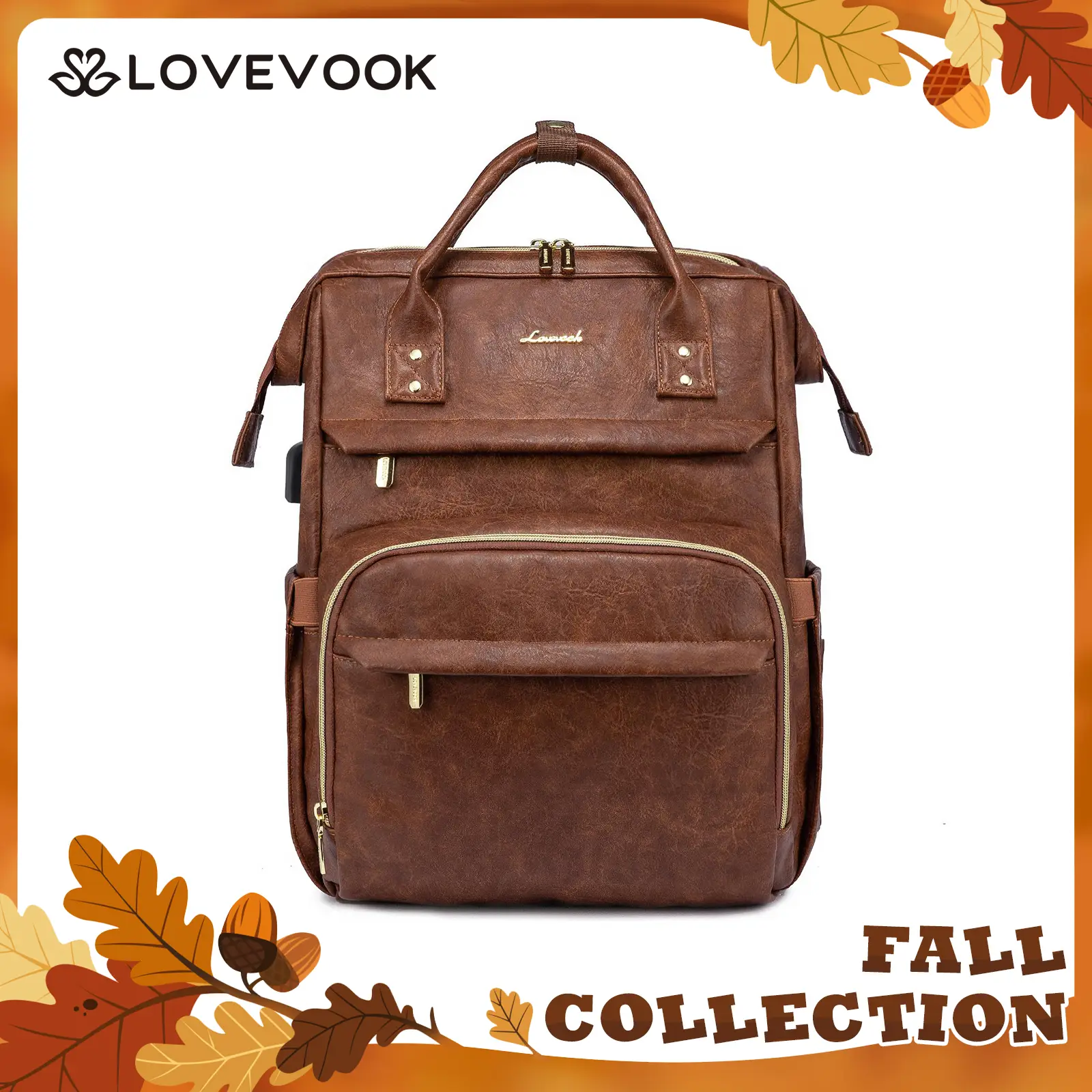 LOVEVOOK Fall Vegan Leather Laptop Backpack with USB Port for Women - College, Business, Work, Teacher, Travel, School Backpack，Back to School