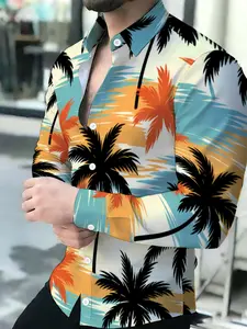 Men's Fitted Tropical Island Sunset Palm Tree Print Long Sleeve Shirt, Casual Graphic Shirt, Casual All Seasons Wear, Comfortable Daily Fashion Top