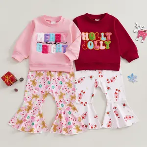 Toddler Girl Christmas Outfit Long Sleeve Letter Embroidery Crewneck Sweatshirt Flared Pants Set 6M-4T