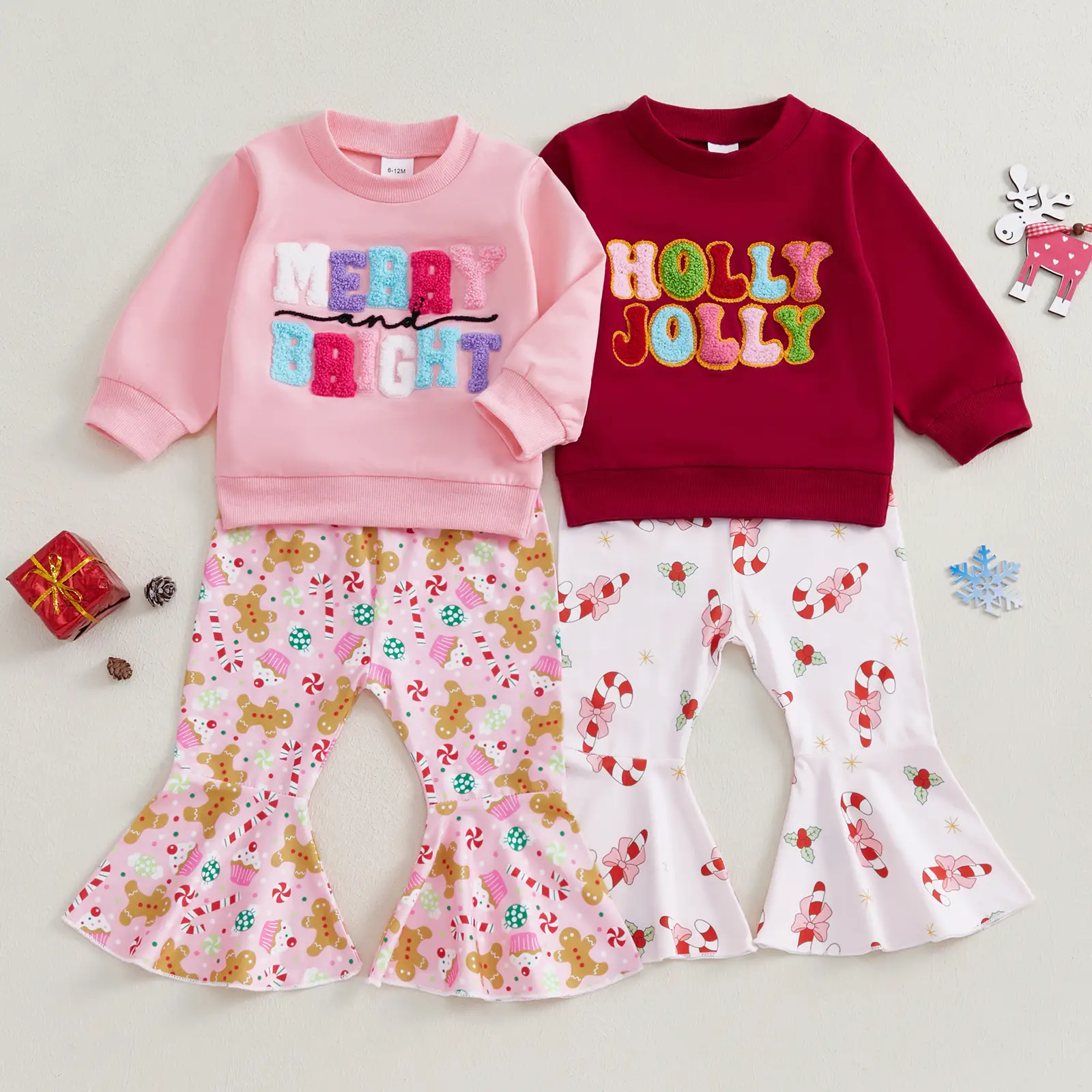 Toddler Girl Christmas Outfit Long Sleeve Letter Embroidery Crewneck Sweatshirt Flared Pants Set 6M-4T