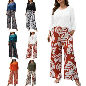 [1X-5X]Women's Plus Size 2 Piece Outfits 3/4 Sleeve Tunic Top Floral Print Belted Wide Leg Pant Sets Travel Lounge Set