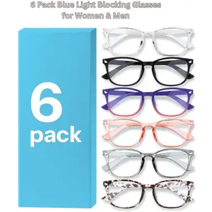 Unisex 6-Pack Square Blue Light Blocking Reading Glasses, Polycarbonate Frame, AC Resin Lens, Anti-Strain for Daily Computer Use, UV Protection, Stylish Multi-Pack Eyewear