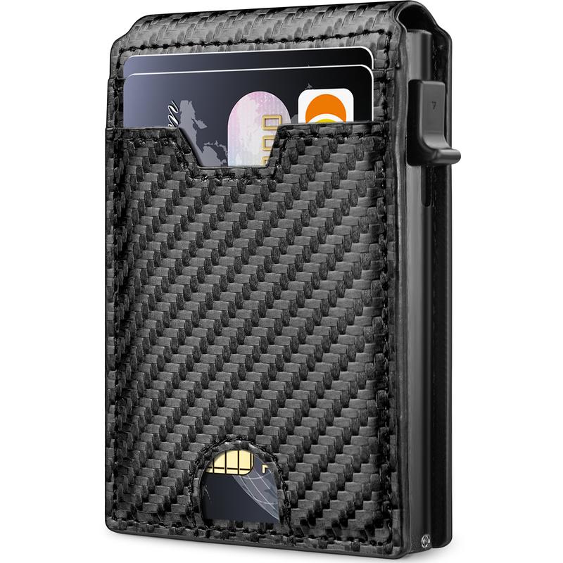 Minimalist Wallet for Men - with Money Clip Slim Leather Credit Card Holder RFID Blocking Bifold Carbon Fiber Wallet Pop Up Case