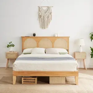 Full Boho Rattan Bed Frame,Wooden Bed Platform with Storage,Smart RGB LED Natural Rattan Headboard,No Box Spring Needed,Under Bed Storage,Easy Assembly Solid Wood Foundation with Silent Slats