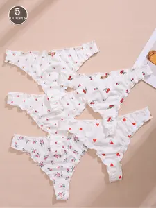 5 Pack Women's Ruffle Trim Floral Print Comfort Thongs, Soft Fabric for Everyday Wear, Stylish Women's Underwear, Fashion Panties, Fitted Knicker