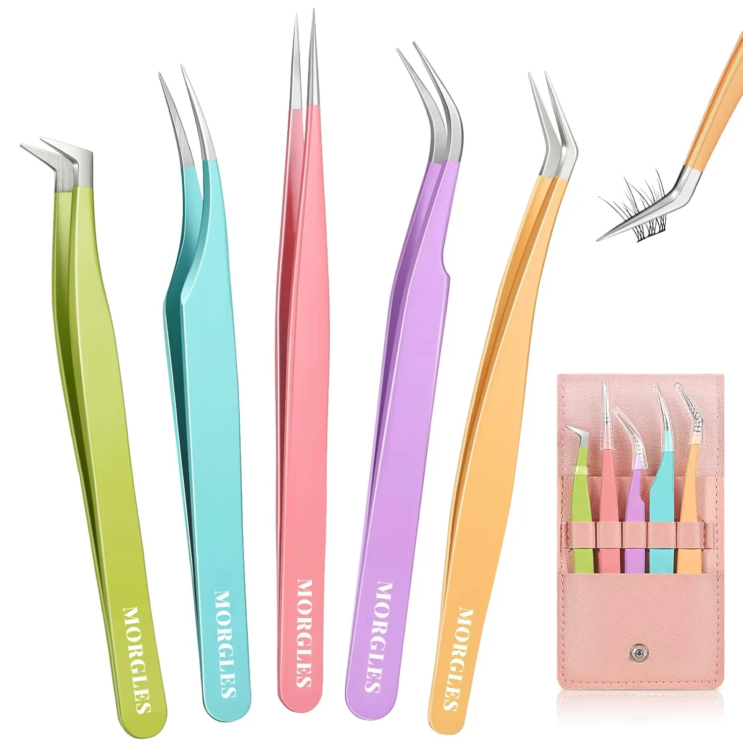 Lash Tweezers Set, 5 PCS Professional Eyelash Tweezers for Eyelash Extensions for Beginners & Lash Artists