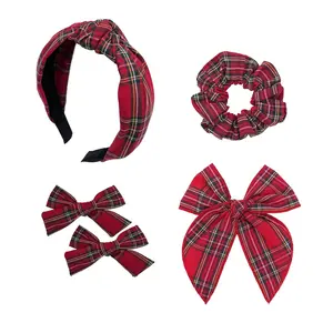F-HDW07  5 Pcs Plaid Headband Set - Padded Scrunchies Bow, Christmas Hair Clips Accessories for Girls (Red)