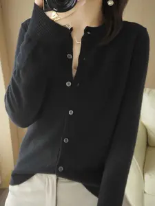 Women's Solid Color Aesthetic Elegance Long Sleeve Knitted Cardigan, Loose-Fitting Round Neck Button Front Sweater, Fall & Winter Casual Outerwear, Knitwear, Womenswear