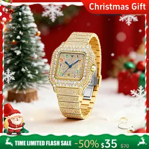 Luxury Rhinestone Embellished Square-Dial Quartz Watch with Gift Box Fashion Timeless Classic Watch Chrismas Flash Sale iced  watches
