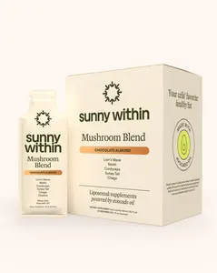 Mushroom Blend by Sunny Within - Chocolate-Almond Flavor (30 Pouches) - functional mushroom blend to support stress, energy, immunity with: Lion's Mane, Reishi, Cordyceps, Turkey Tail, Chaga, Choline, and Organic Avocado Oil